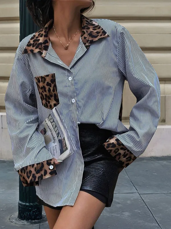 Striped Leopard Patchwork Long Sleeves Shirt sold by Allegra K