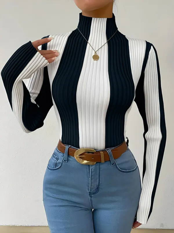 Vertical Striped Colorblock Mock Neck Sweater sold by Allegra K