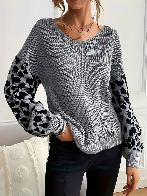 V Neck Leopard Print Casual Ribbed Knit Sweater sold by Allegra K