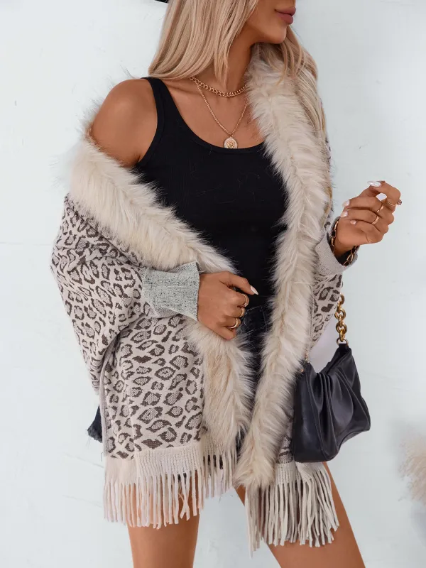 Leopard Print Faux Fur Trim Knitted Bat Sleeve Cardigan sold by Allegra K