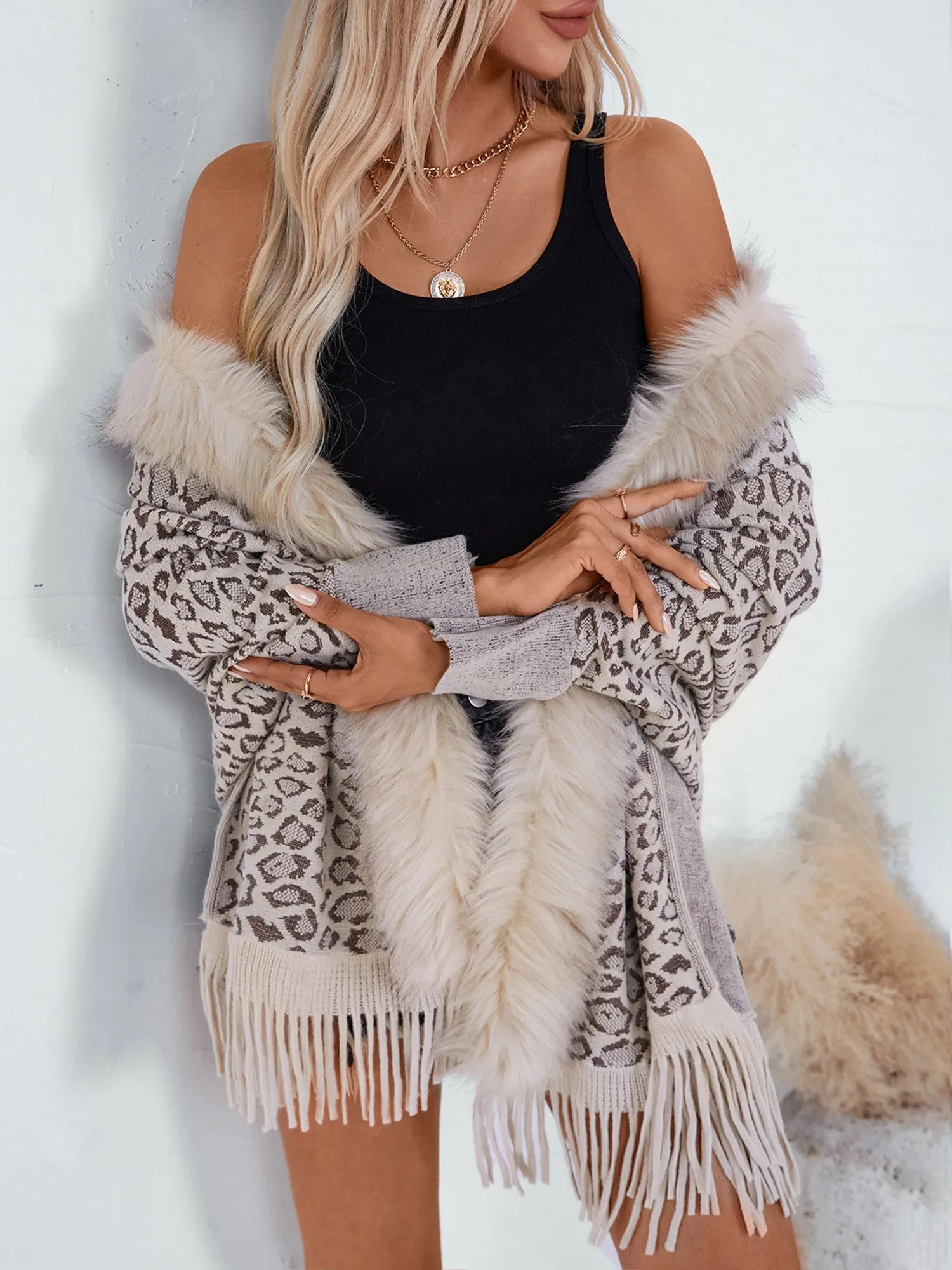 Leopard Print Faux Fur Trim Knitted Bat Sleeve Cardigan sold by Allegra K product image thumbnail 5