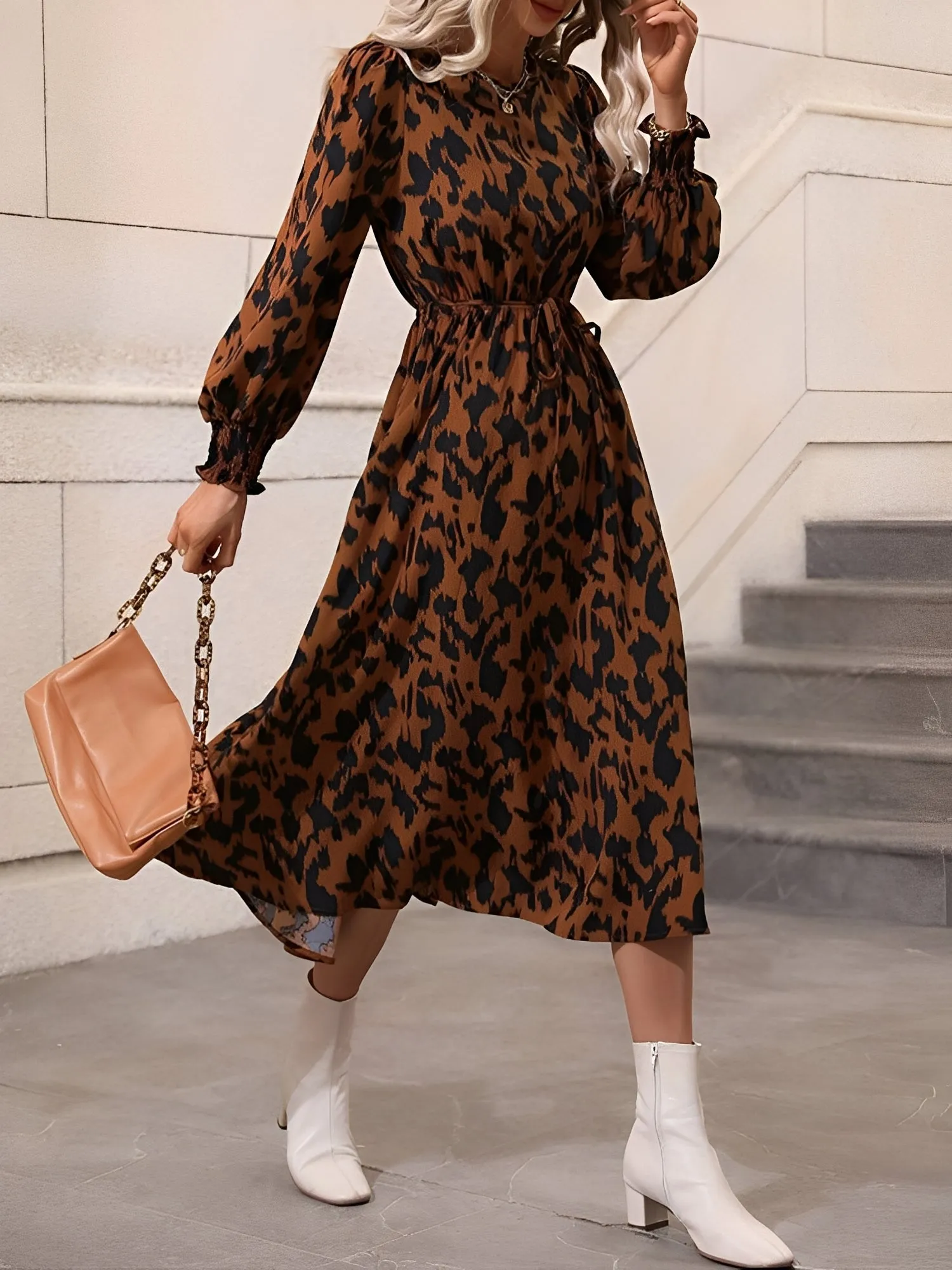 Leopard Print Tie Waist Long Sleeves A-Line Dress sold by Allegra K product image thumbnail 4