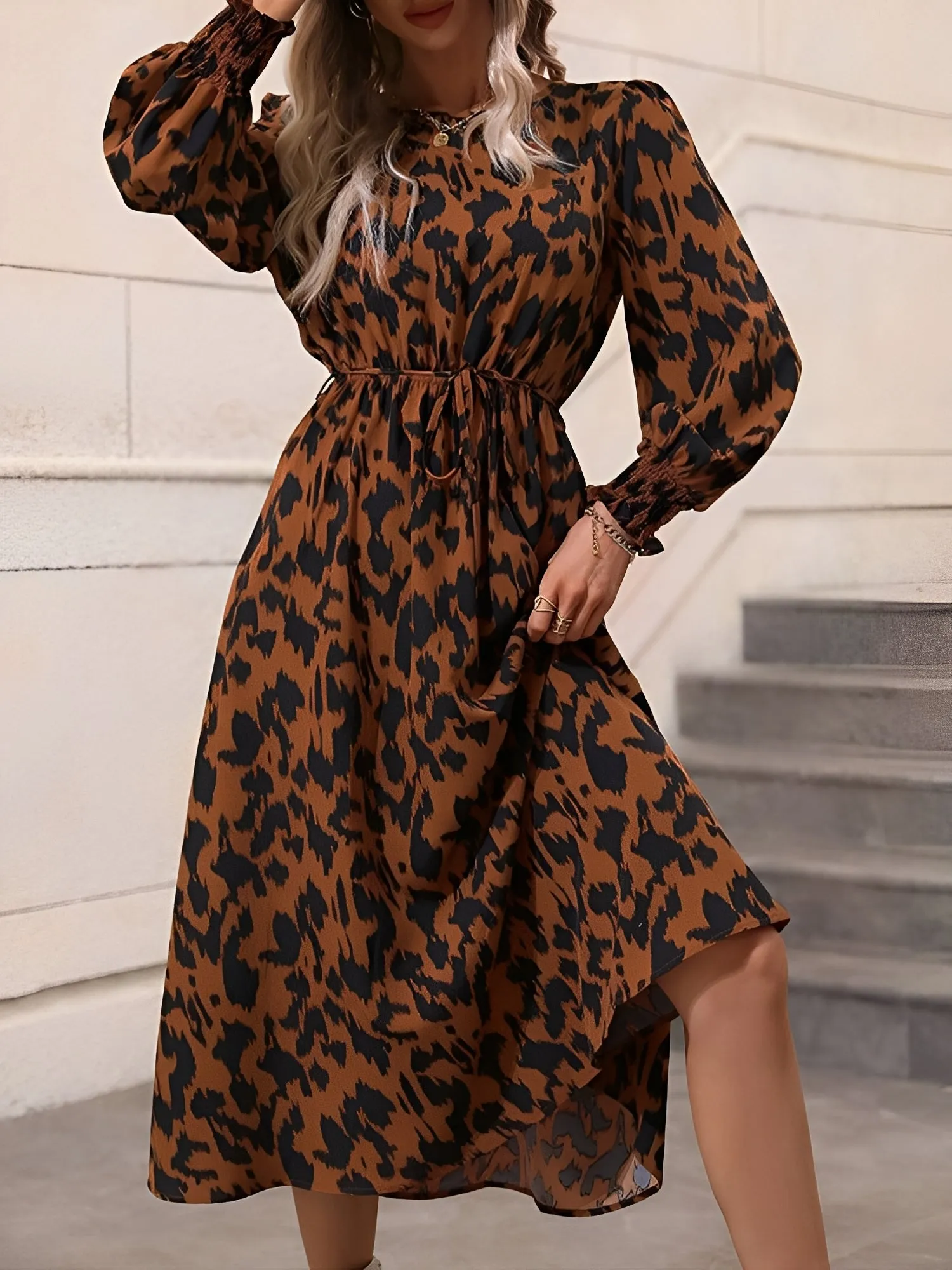 Leopard Print Tie Waist Long Sleeves A-Line Dress sold by Allegra K