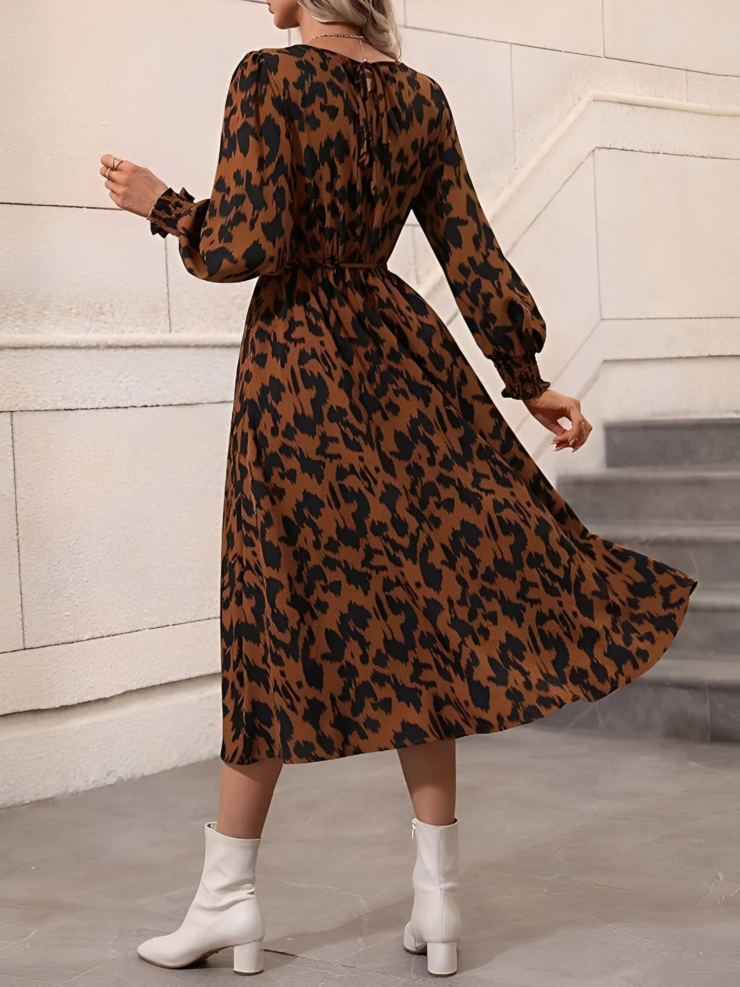 Leopard Print Tie Waist Long Sleeves A-Line Dress sold by Allegra K product image thumbnail 2