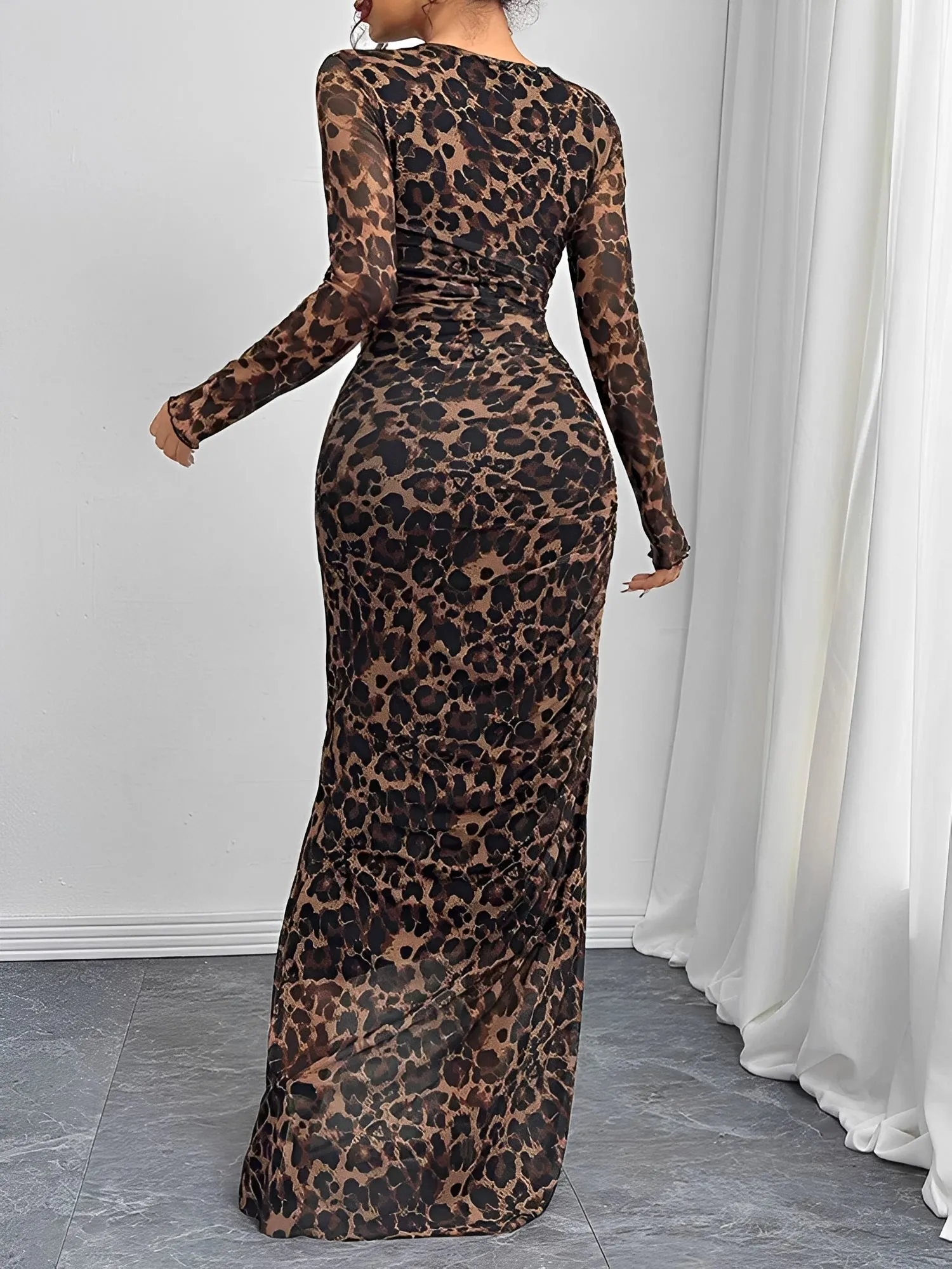Leopard Print Mesh Ruched Bodycon Maxi Dress sold by Allegra K product image thumbnail 2