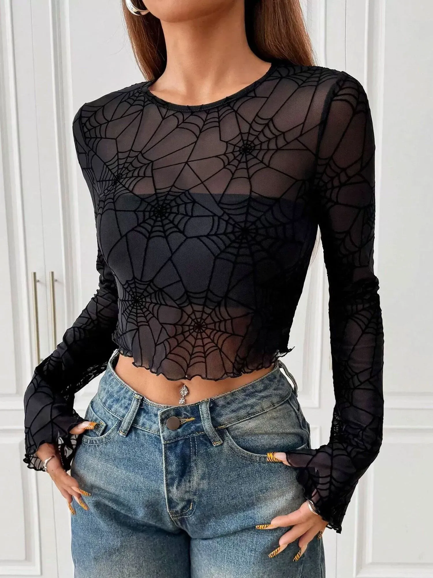 Halloween Mesh Spider Web Cropped Top sold by Allegra K