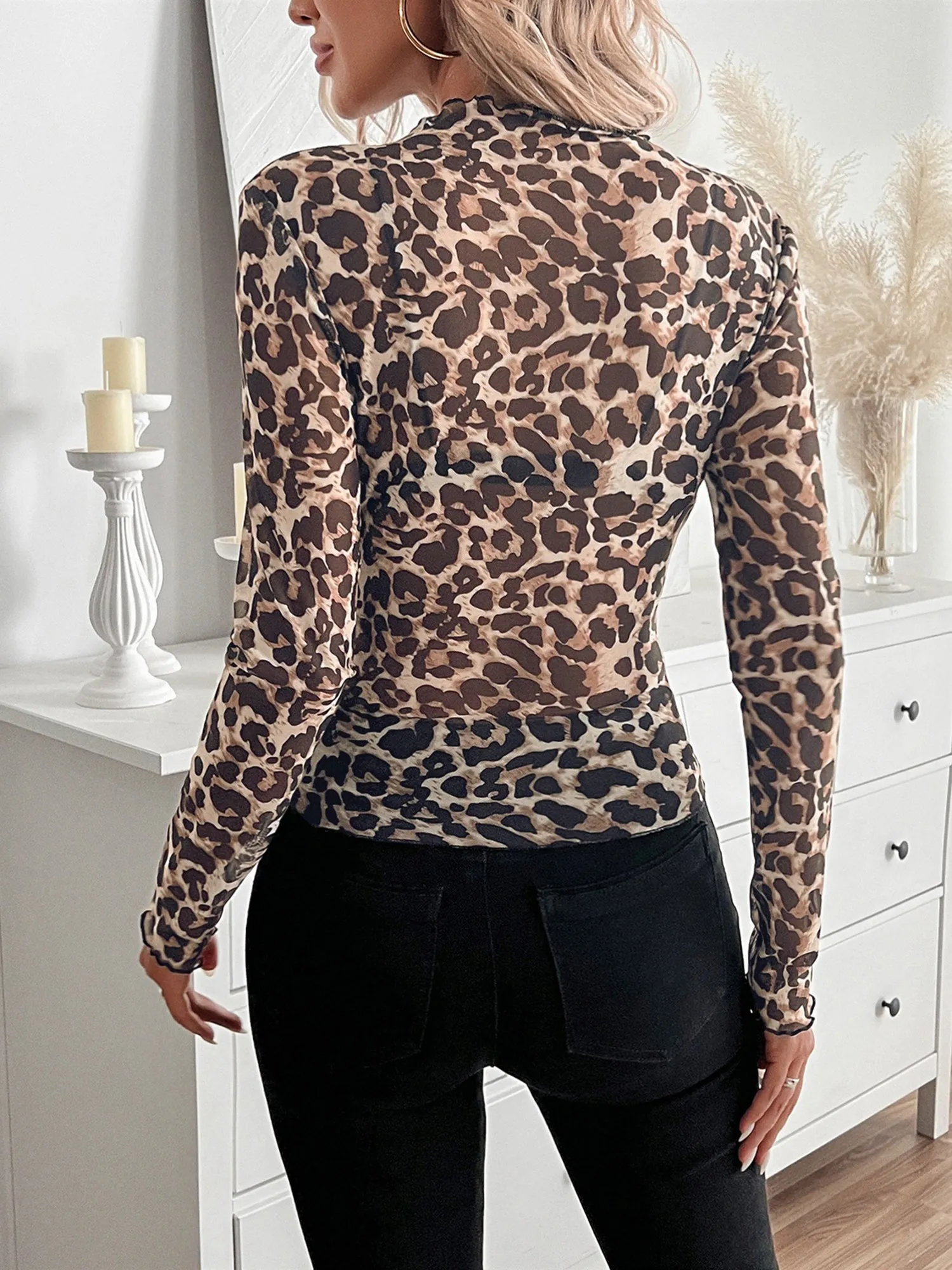 Mesh Ruffled Printed Long Sleeves Blouse sold by Allegra K product image thumbnail 2