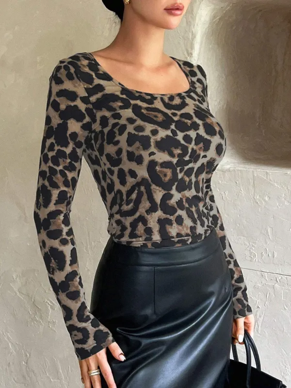 Leopard Print Round Neck Slim Fit Long Sleeve Blouse sold by Allegra K