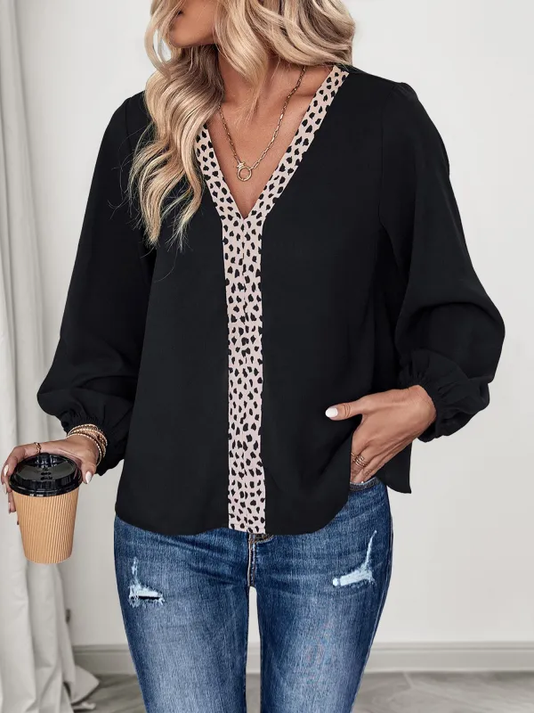Long Sleeves Leopard Print Patchwork Blouse sold by Allegra K