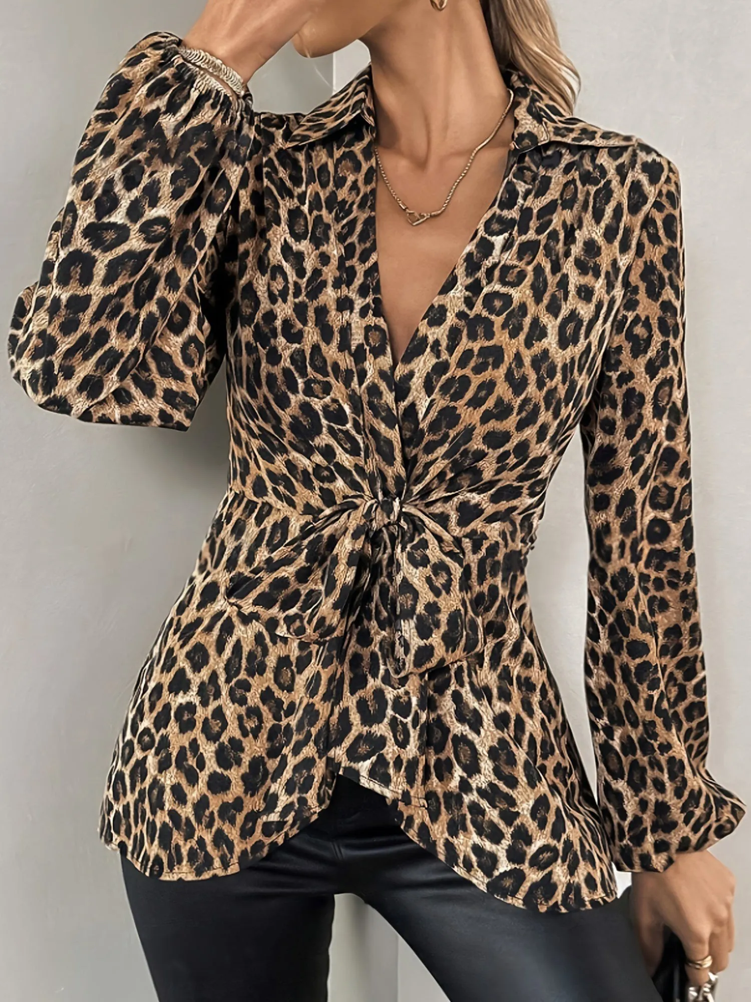 Leopard Print Lace-Up Long Sleeves Blouse sold by Allegra K product image thumbnail 3