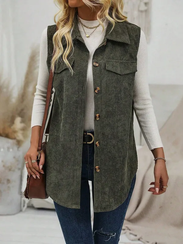 Solid Color Sleeveless Button Down Corduroy Vest sold by Allegra K