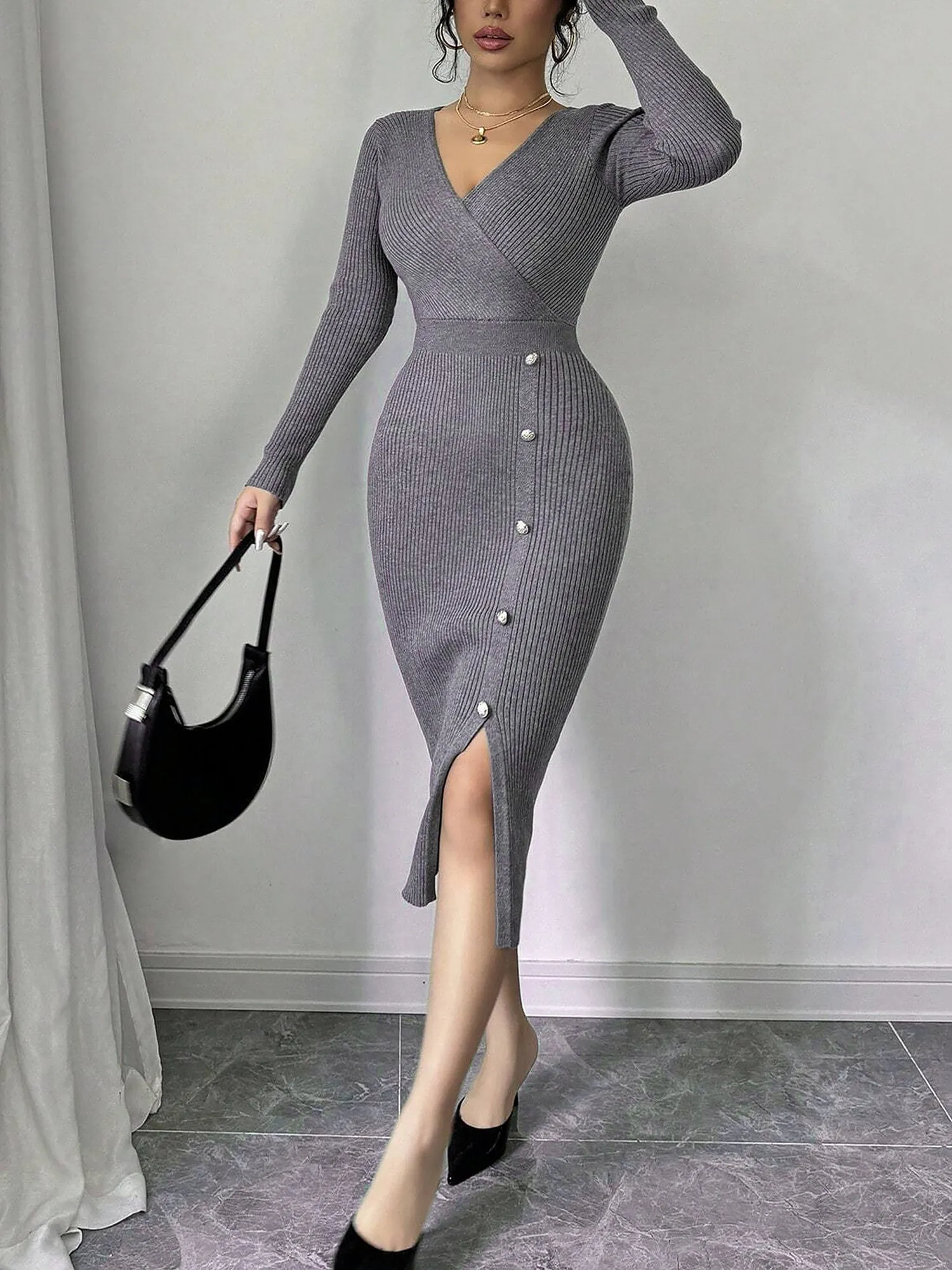 V Neck Long Sleeves Slit Bodycon Sweater Dress sold by Allegra K