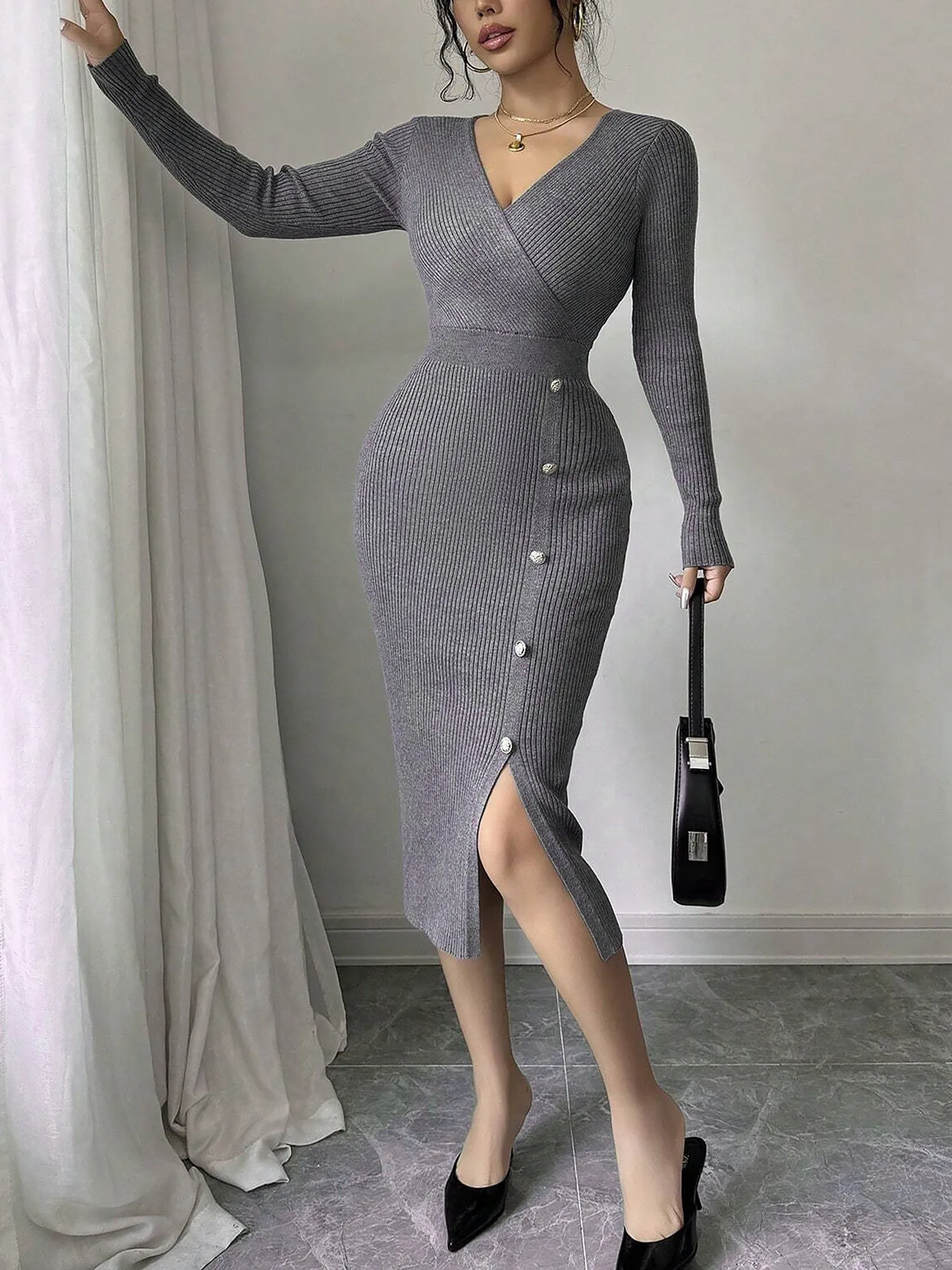V Neck Long Sleeves Slit Bodycon Sweater Dress sold by Allegra K product image thumbnail 3