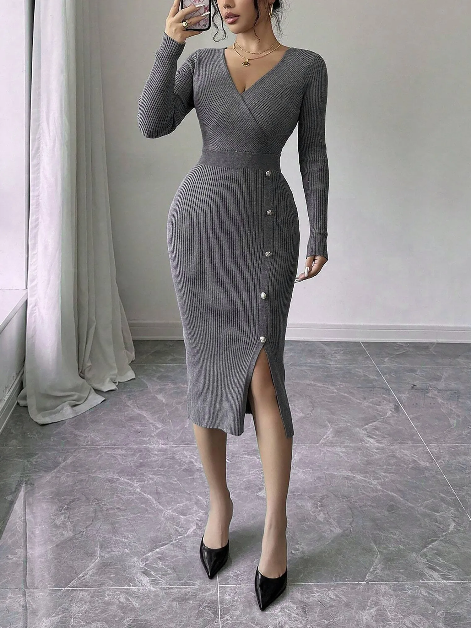 V Neck Long Sleeves Slit Bodycon Sweater Dress sold by Allegra K product image thumbnail 4
