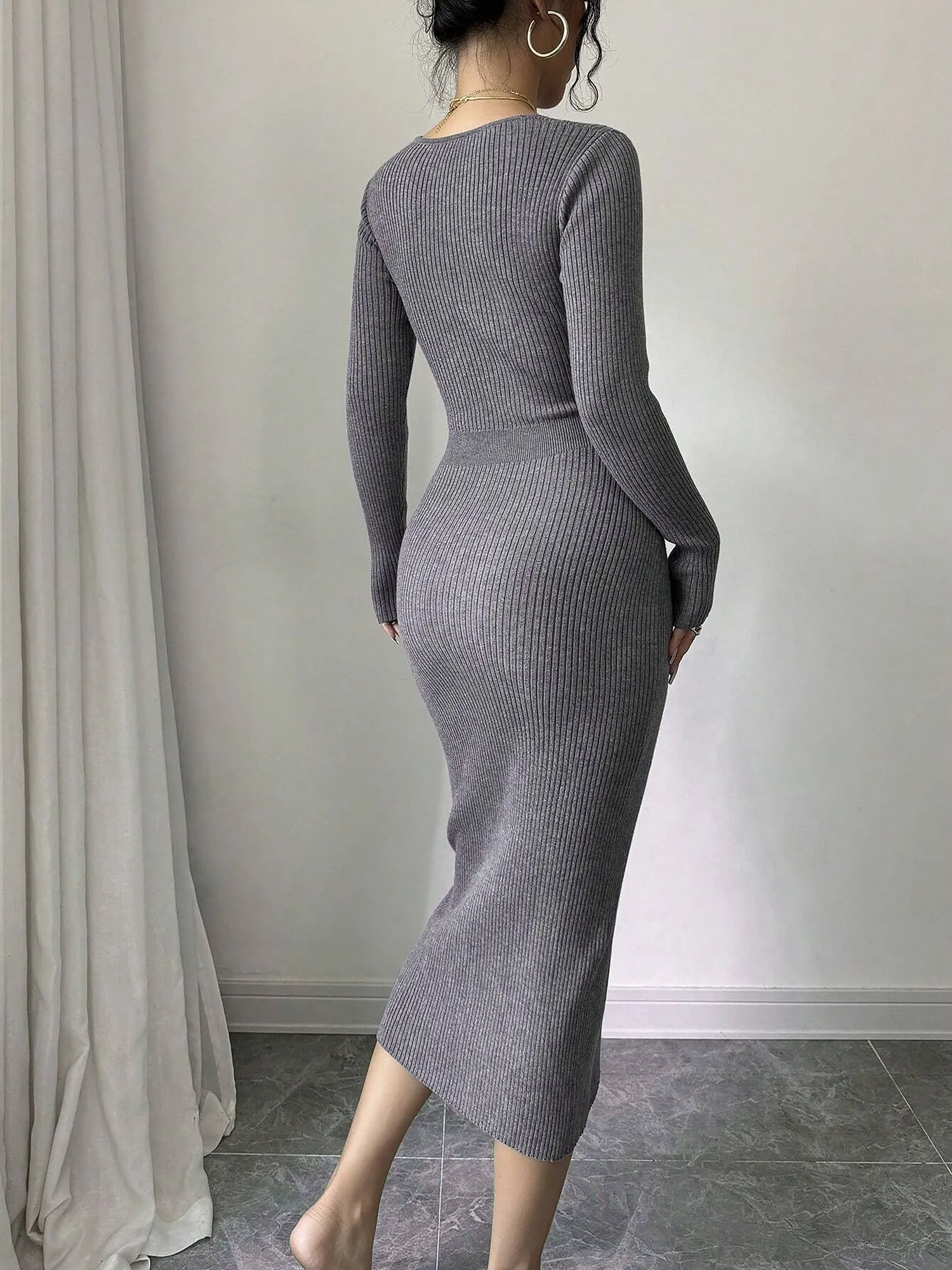V Neck Long Sleeves Slit Bodycon Sweater Dress sold by Allegra K product image thumbnail 2