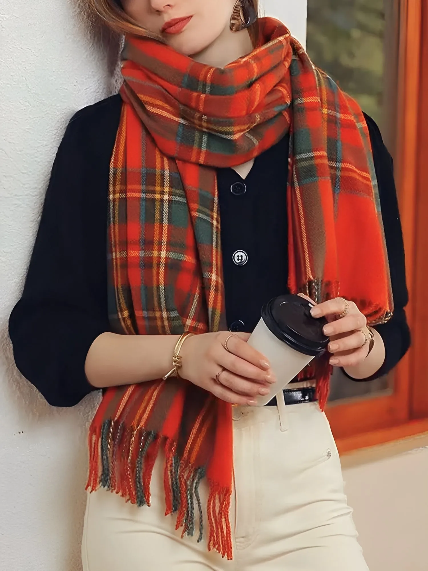 Fall Winter Geometric Plaid Tassel Scarf sold by Allegra K product image thumbnail 5
