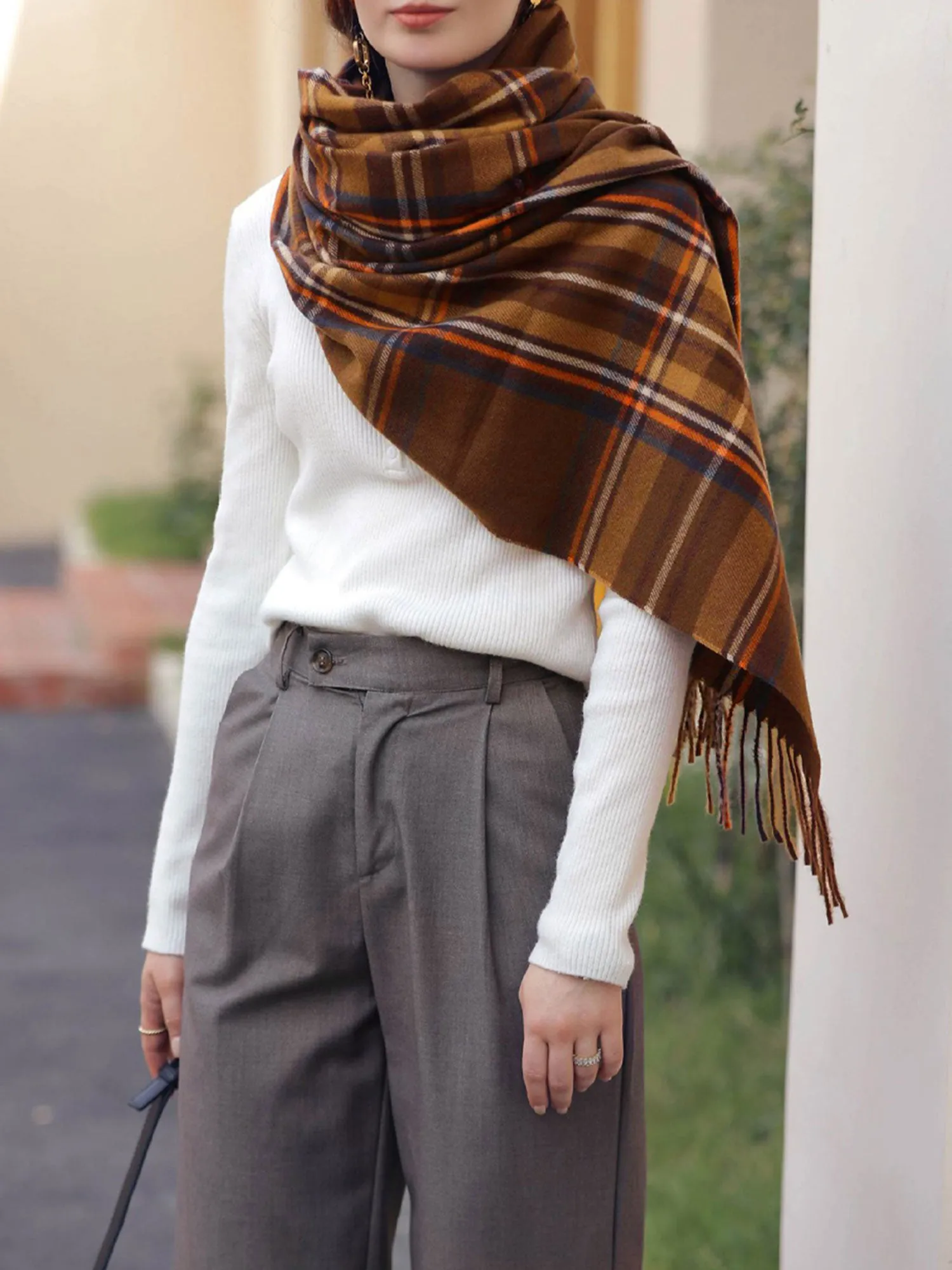 Fall Winter Geometric Plaid Tassel Scarf sold by Allegra K product image thumbnail 3