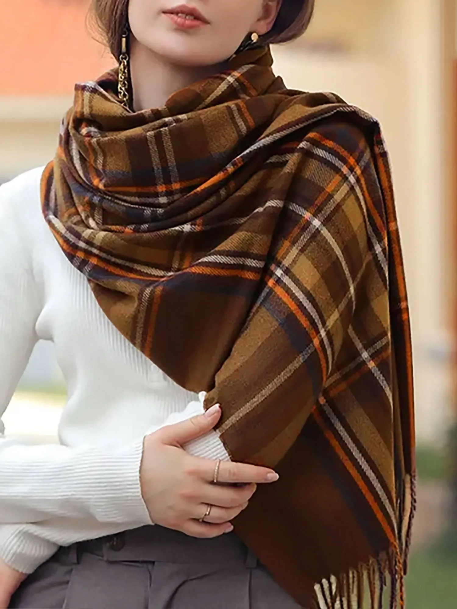 Fall Winter Geometric Plaid Tassel Scarf sold by Allegra K product image thumbnail 2