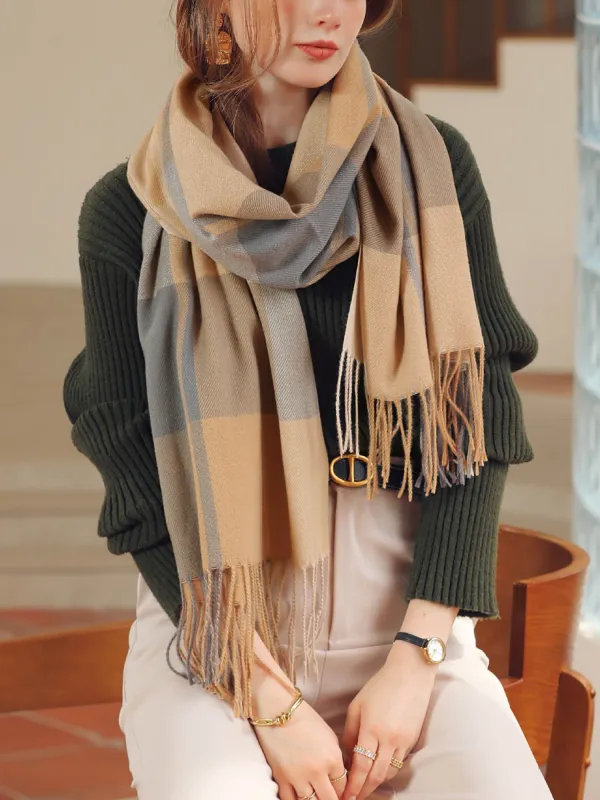 Fall Winter Geometric Plaid Tasseled Scarf sold by Allegra K