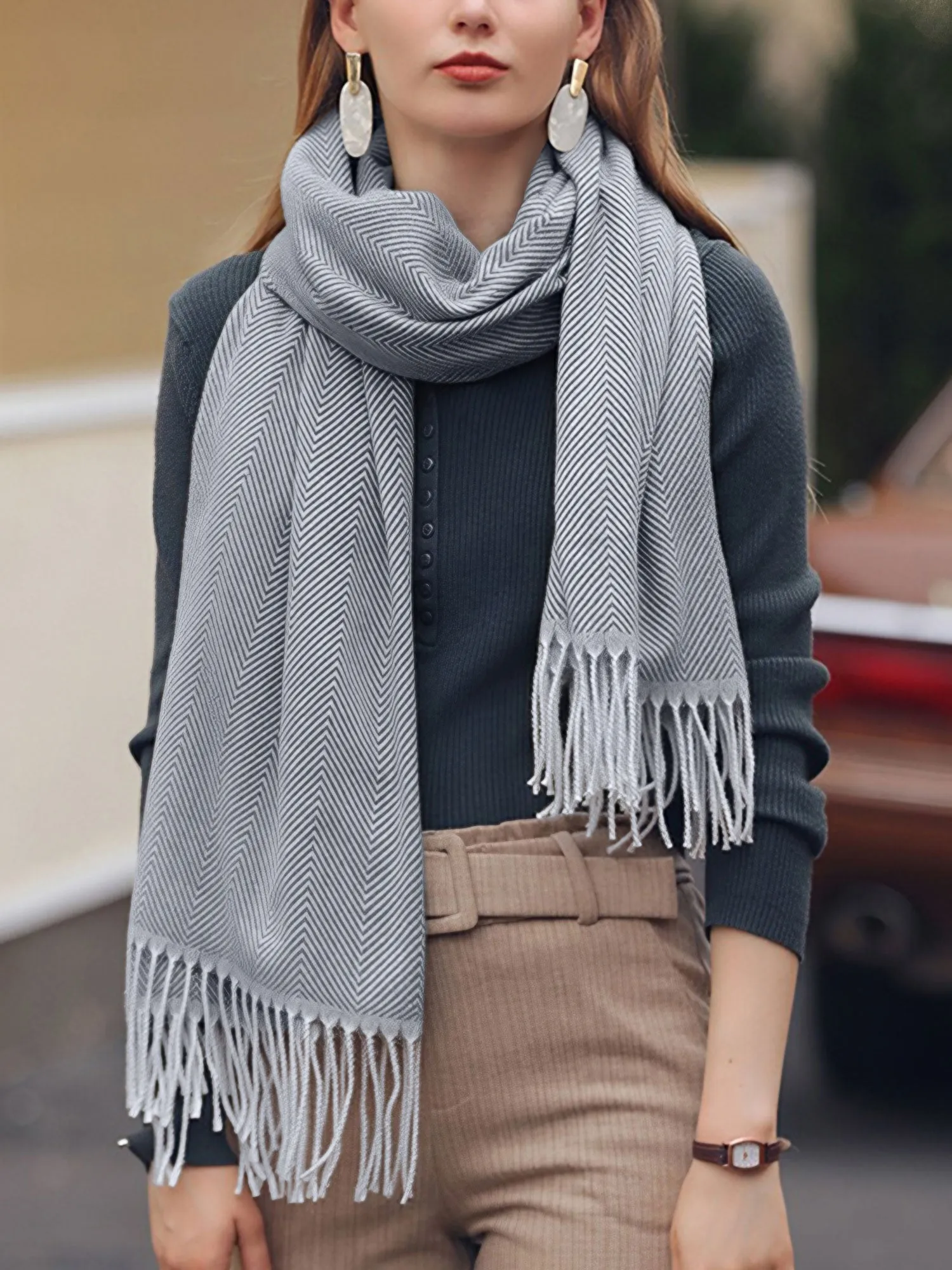 Fall Winter Geometric Line Tasseled Scarf sold by Allegra K product image thumbnail 2