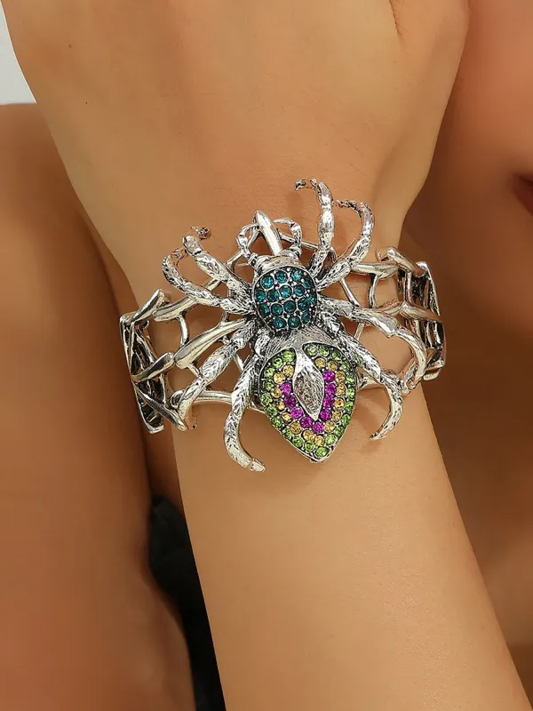 Halloween Alloy Faux Diamonds Spider Bracelet made by Allegra K