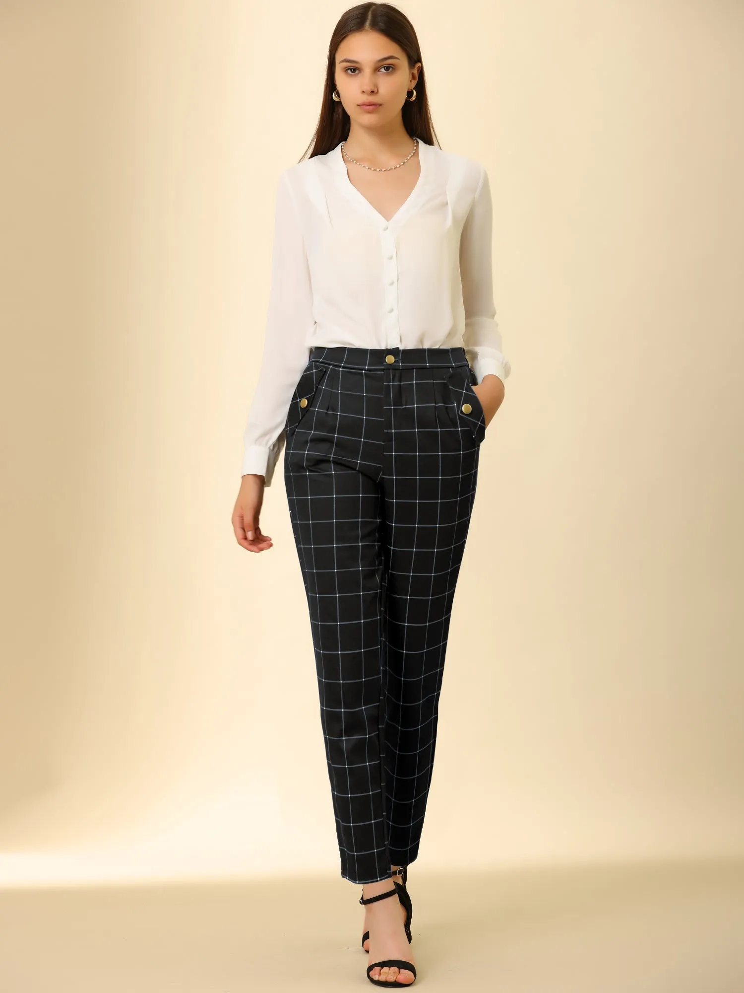 Tartan Plaid Pants Elastic Waist Straight Long Trousers sold by Allegra K product image thumbnail 4