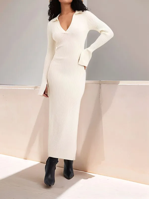 Lapel V Neck Long Sleeves Knitted Maxi Sweater Dress sold by Allegra K