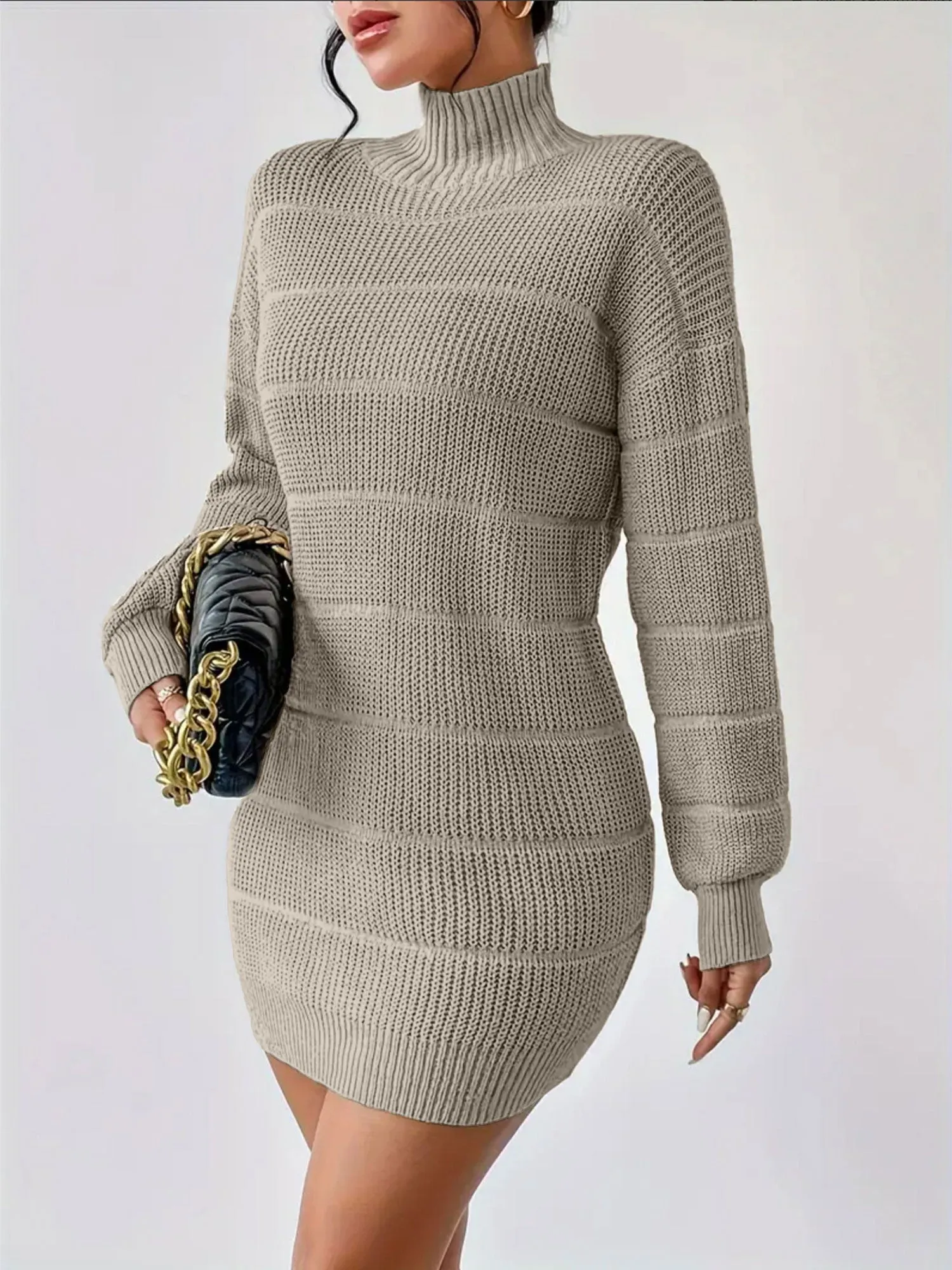 Turtleneck Long Sleeves Knitted Mini Sweater Dresss sold by Allegra K product image thumbnail 5