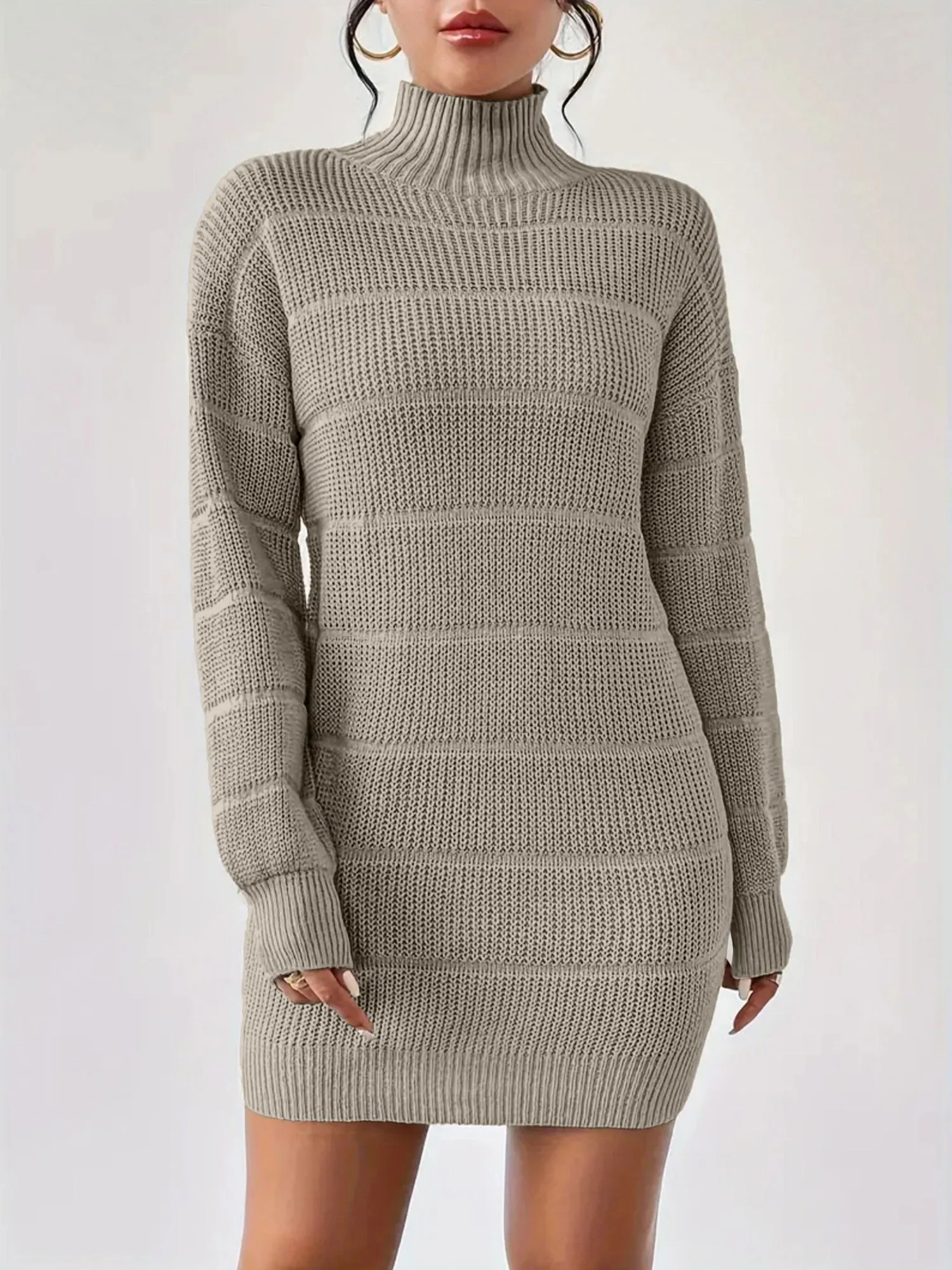 Turtleneck Long Sleeves Knitted Mini Sweater Dresss sold by Allegra K product image thumbnail 4