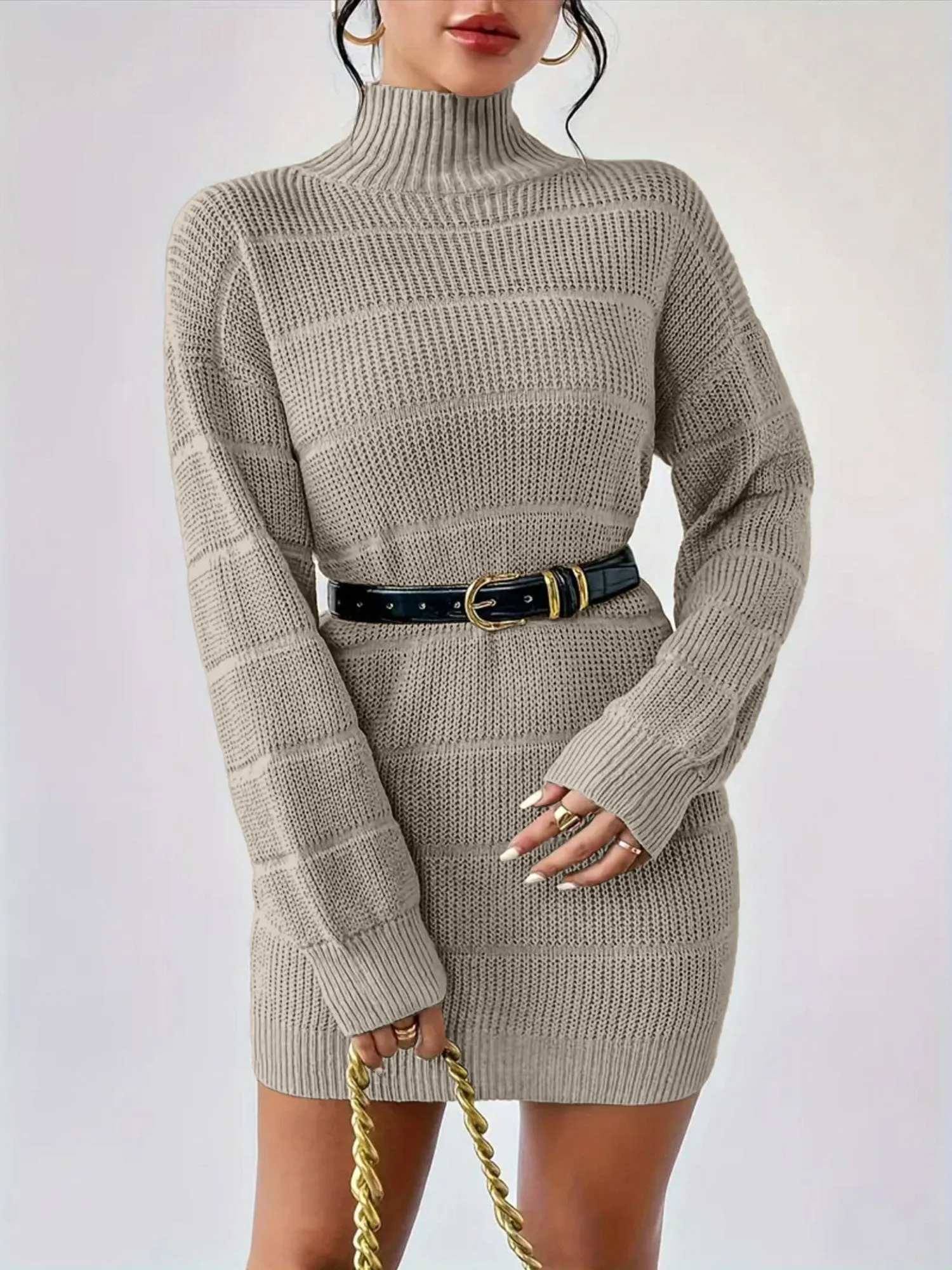 Turtleneck Long Sleeves Knitted Mini Sweater Dresss sold by Allegra K product image thumbnail 3