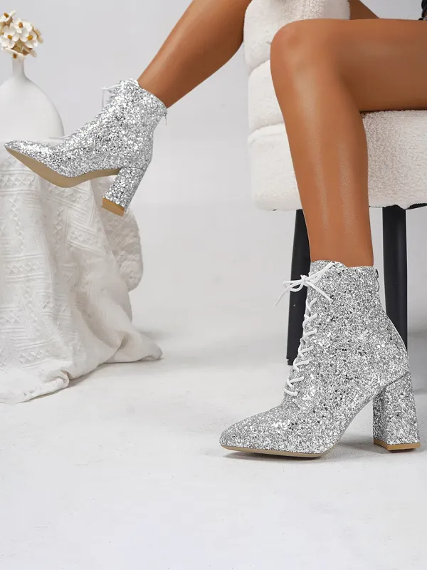 Sequined Glitter Thick Heels Pointed Toe Ankle Boots sold by Allegra K
