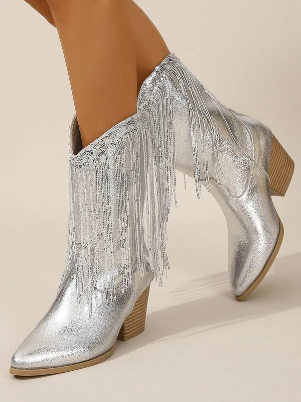 Metallic Sequined Tasseled Chunky Heels Cowgirl Mid-Calf Boots sold by Allegra K