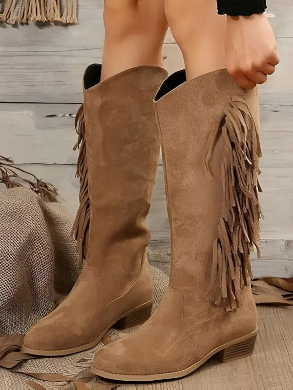 Faux Suede Tasseled Cowgirl Knee High Boots sold by Allegra K
