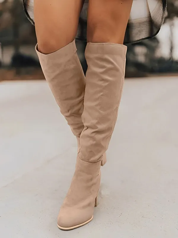 Faux Suede Round Toe Chunky Heel Knee High Boots sold by Allegra K