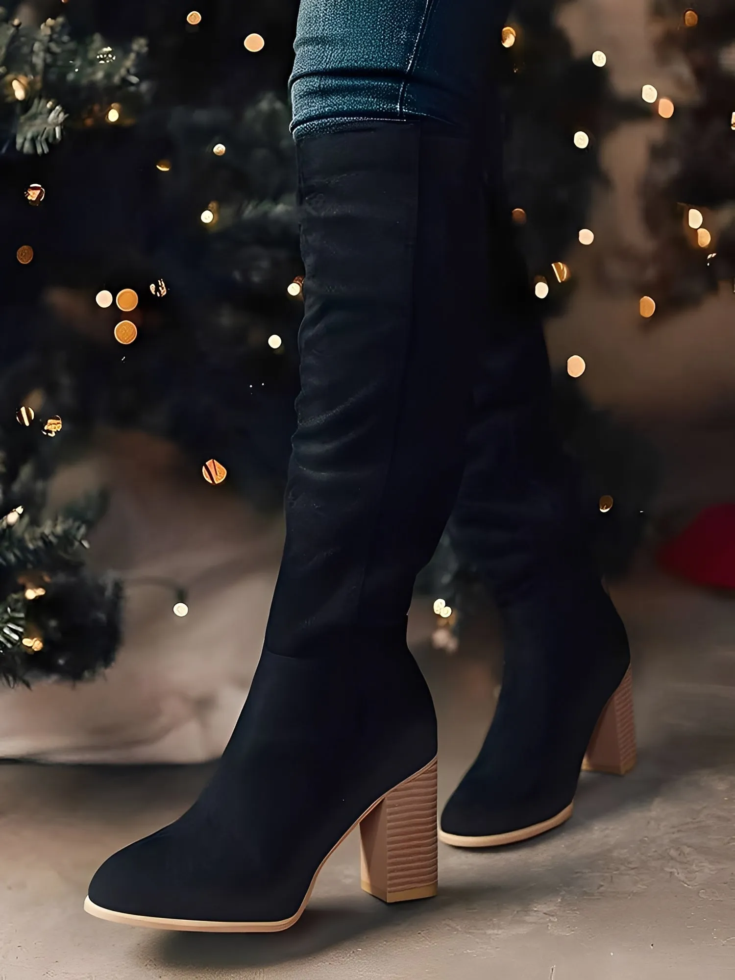 Faux Suede Round Toe Chunky Heel Knee High Boots sold by Allegra K product image thumbnail 5