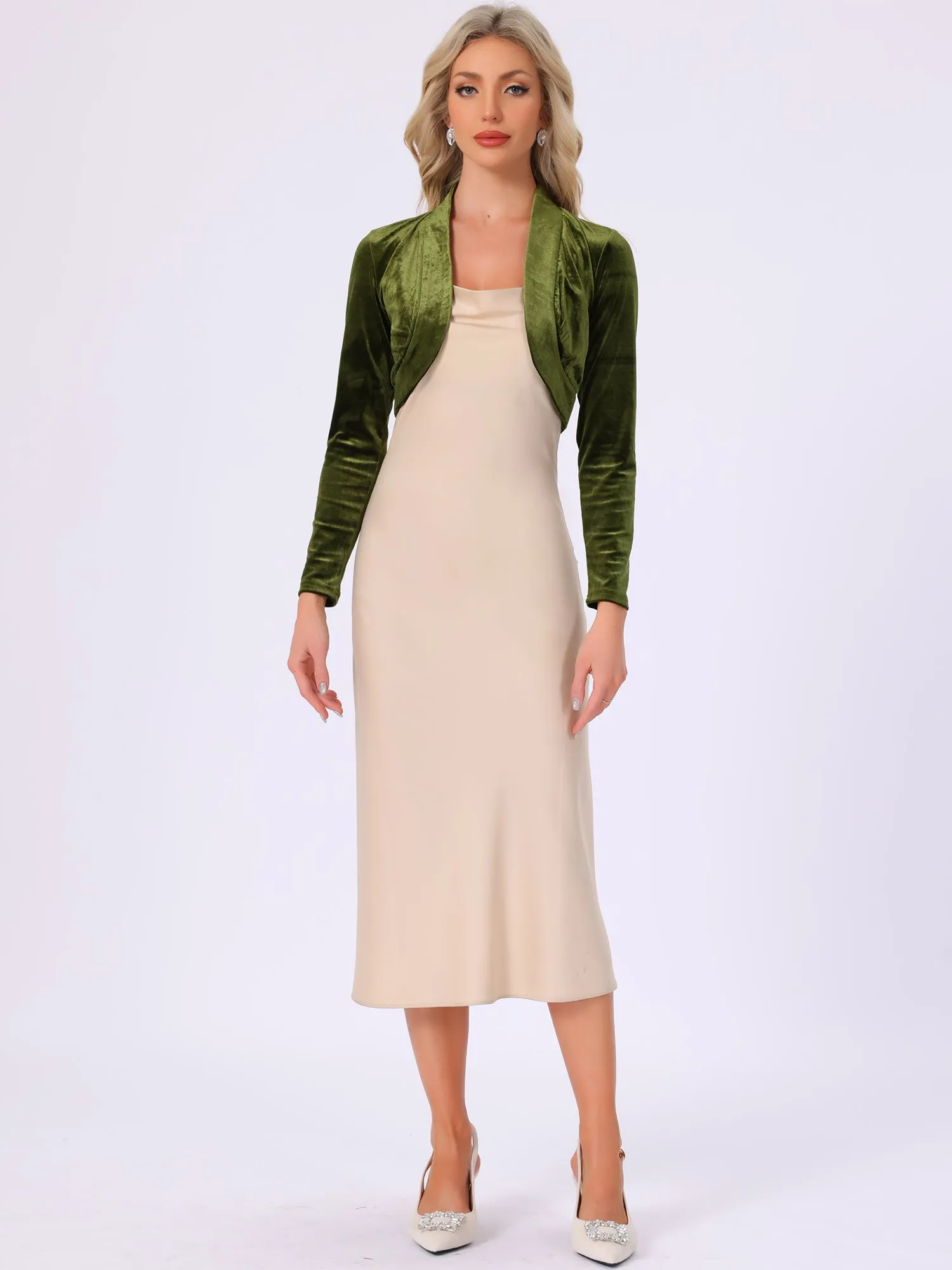 Open Front Velvet Long Sleeve Cropped Bolero Shrugs sold by Allegra K product image thumbnail 2