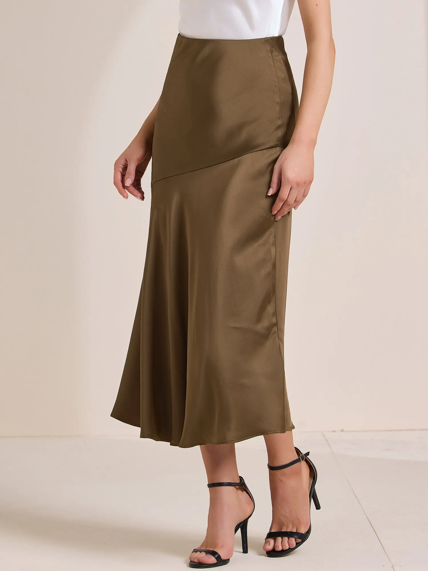 High Waist Flowy Work Satin Solid Color Maxi Skirt sold by Allegra K product image thumbnail 2