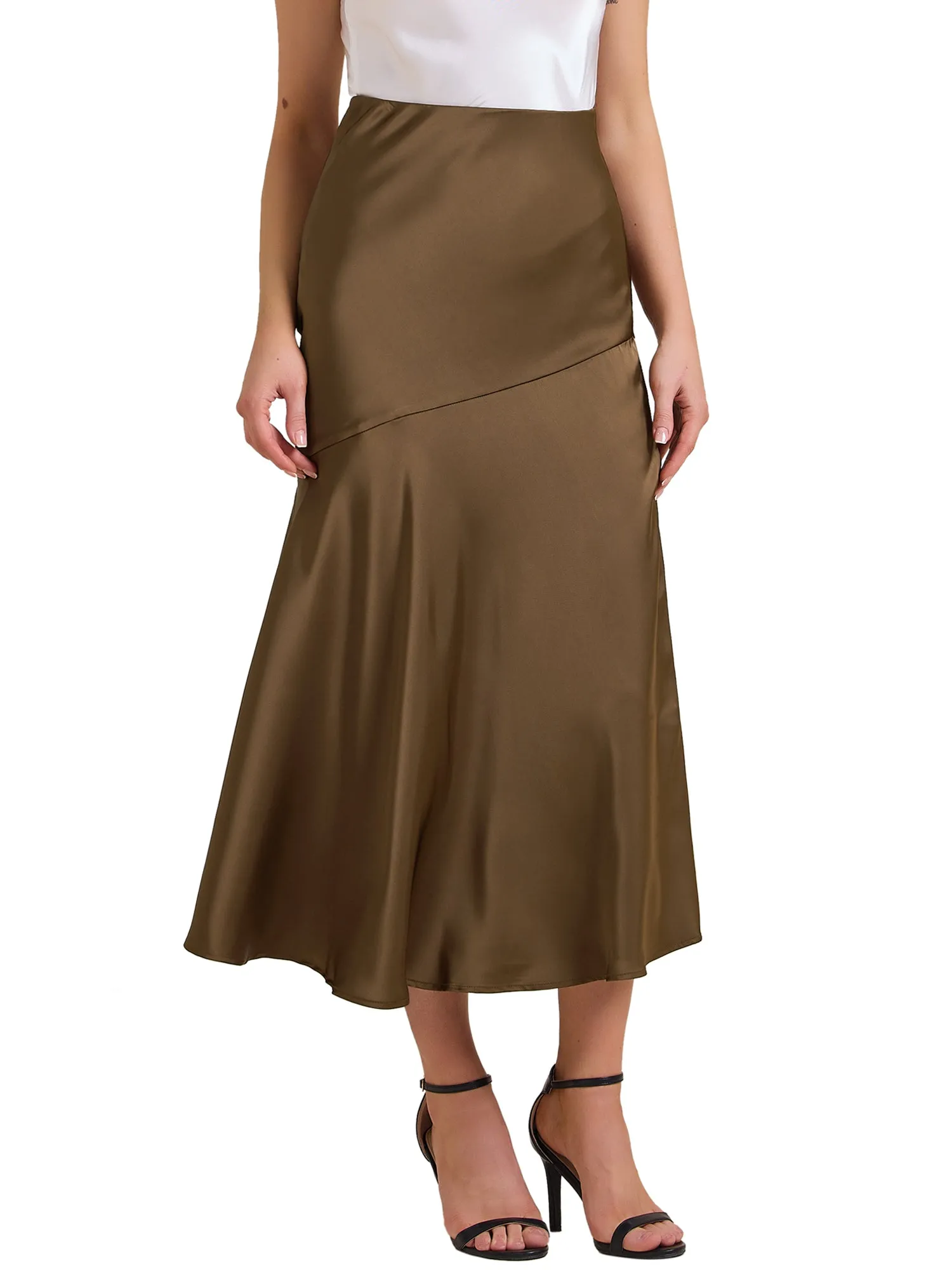 High Waist Flowy Work Satin Solid Color Maxi Skirt sold by Allegra K product image thumbnail 4
