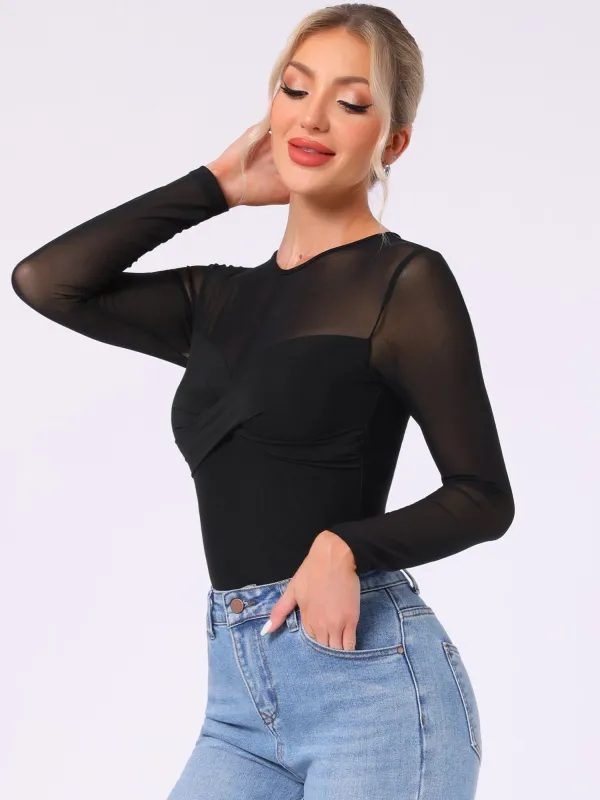 See Through Mesh Long Sleeve Solid Color Blouse sold by Allegra K