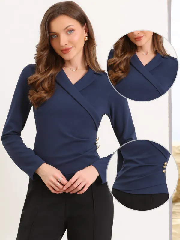 Notched Collar Long Sleeves Button Office Blouse sold by Allegra K