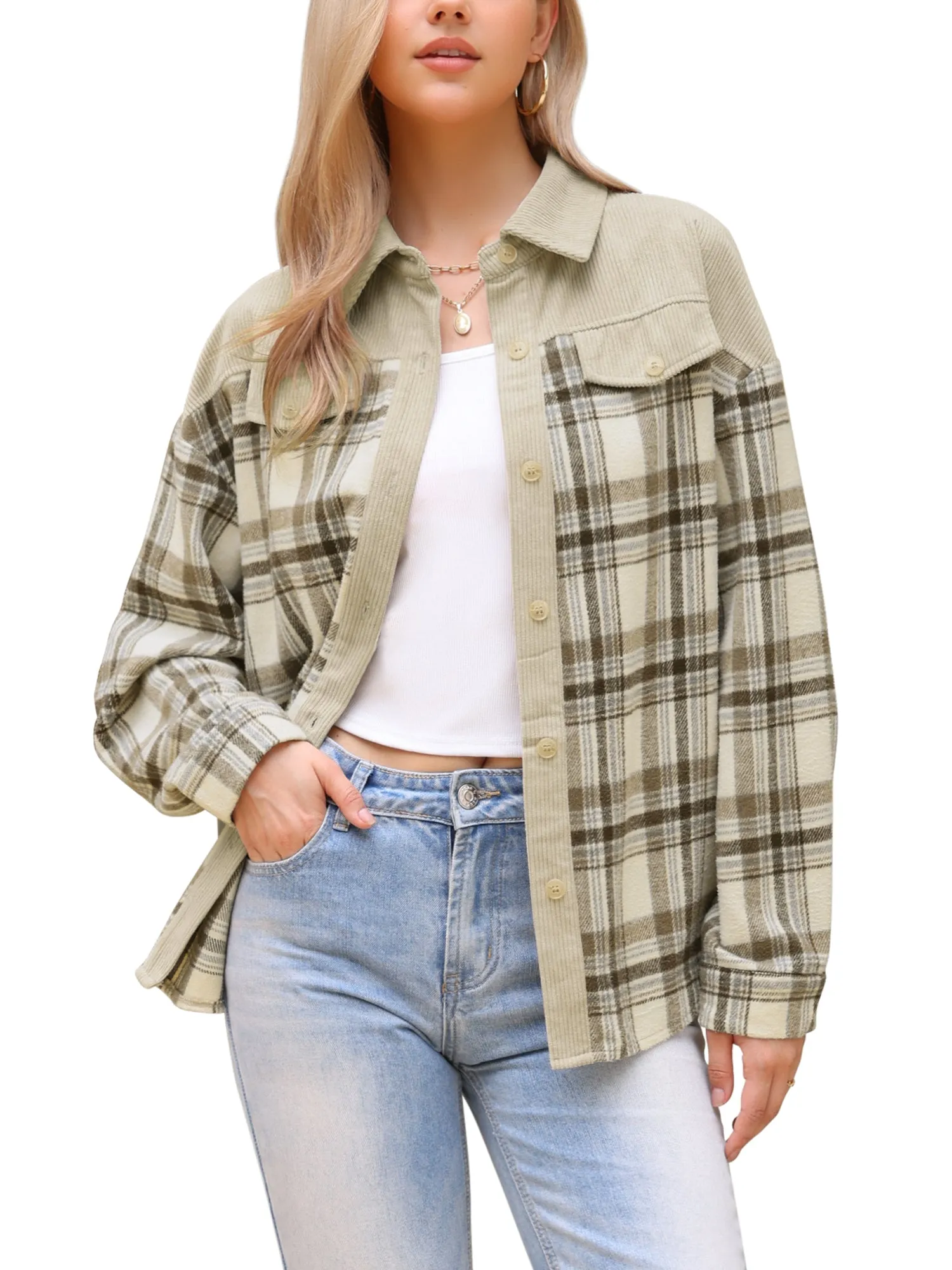 Plaid Corduroy Button Down Flannel Shirt sold by Allegra K product image thumbnail 4