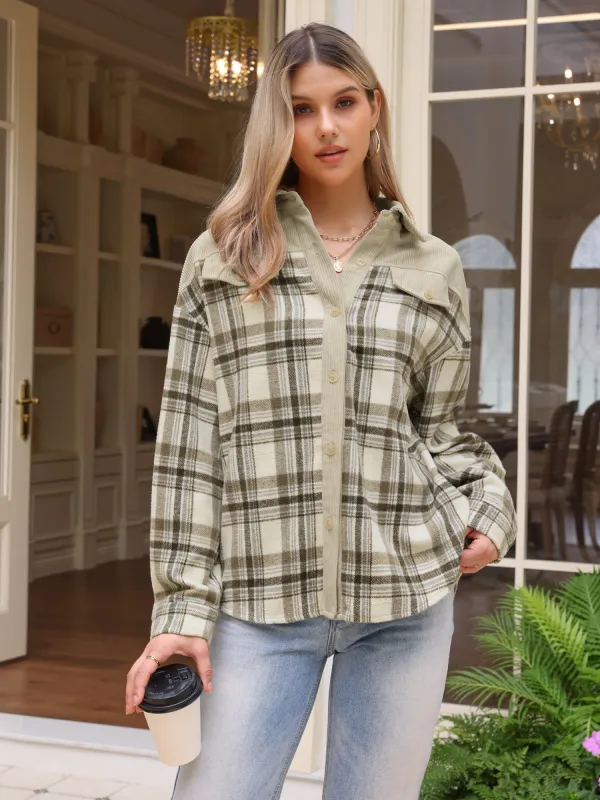 Plaid Corduroy Button Down Flannel Shirt sold by Allegra K