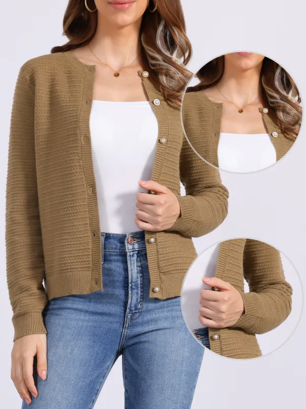 Crew Neck Button Down Long Sleeves Knitted Cardigan sold by Allegra K
