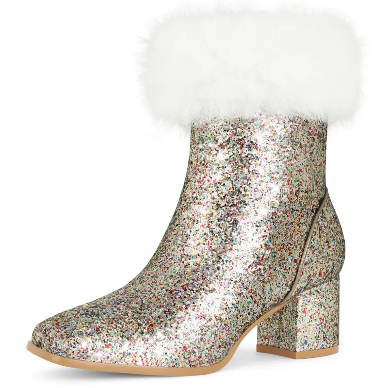 Sequin Glitter Square Toe Chunky Heel Faux Fur Plush Ankle Boots sold by Allegra K
