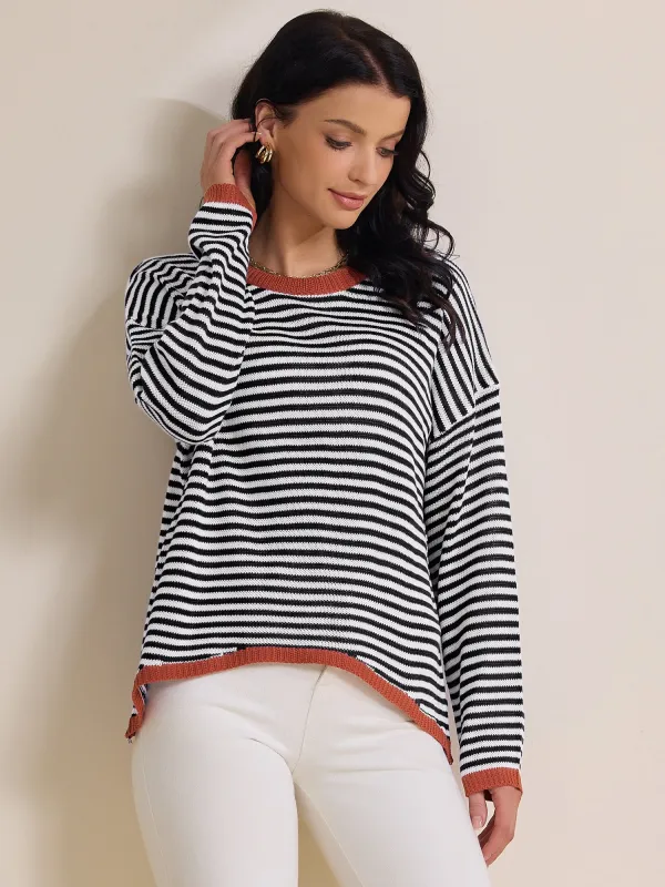 Curved Hem Drop Shoulder Casual Oversized Pullover Striped Sweater sold by Allegra K