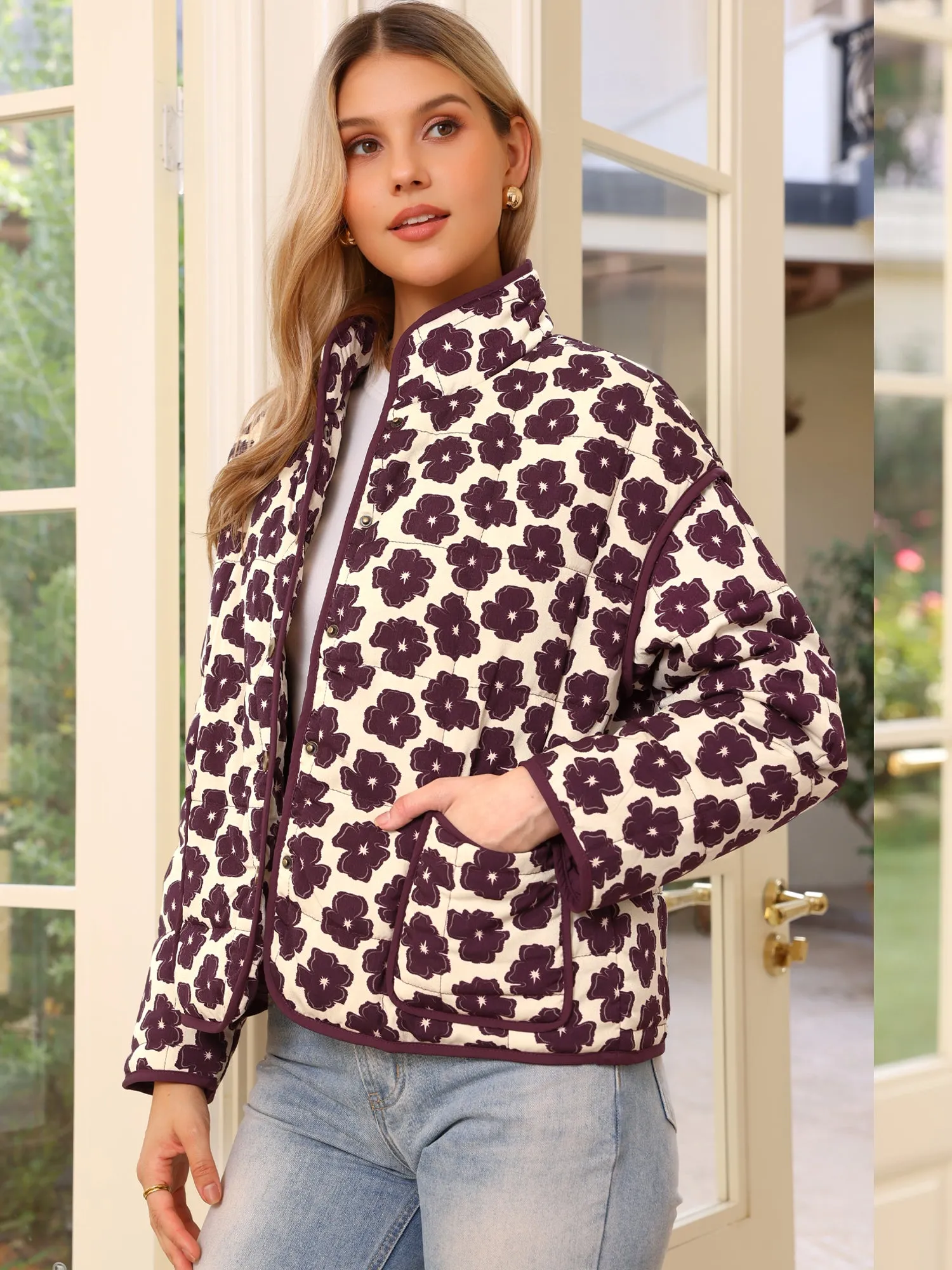 Floral Long Sleeve Button Front Puffer Quilted Jackets sold by Allegra K