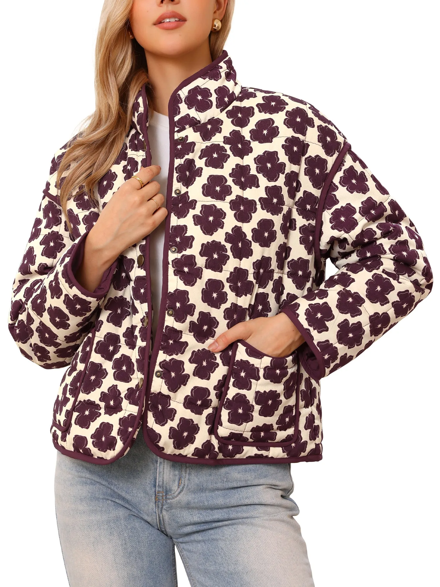 Floral Long Sleeve Button Front Puffer Quilted Jackets sold by Allegra K product image thumbnail 4