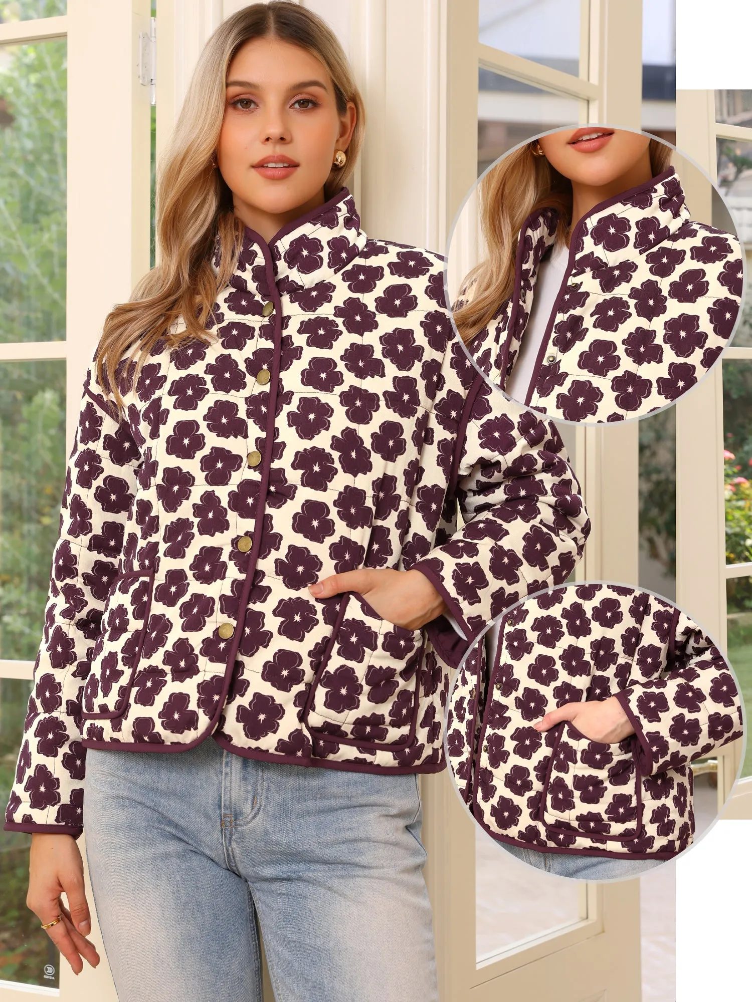 Floral Long Sleeve Button Front Puffer Quilted Jackets sold by Allegra K product image thumbnail 3