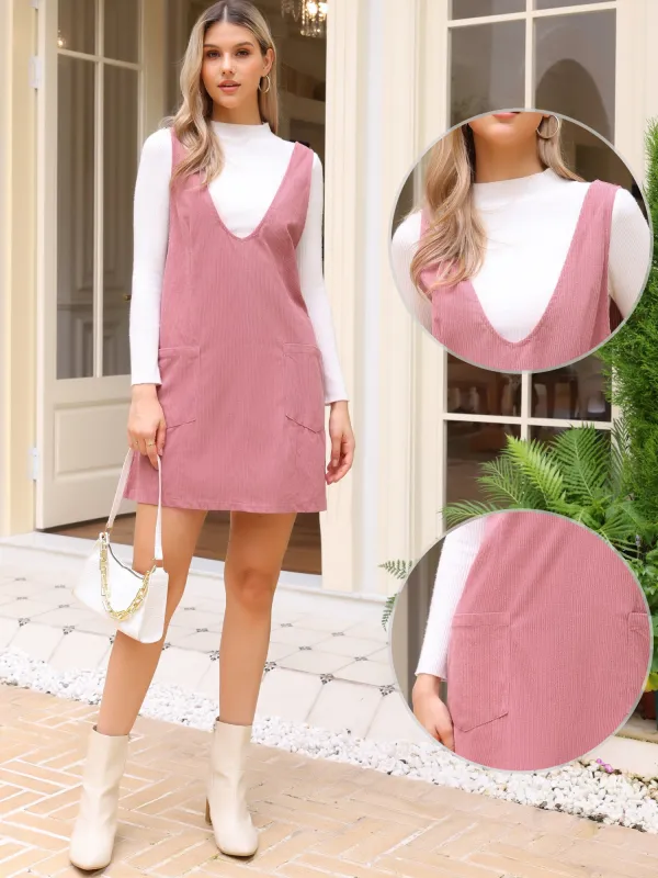 Corduroy V Neck Sleeveless Pockets Mini Dress sold by Allegra K