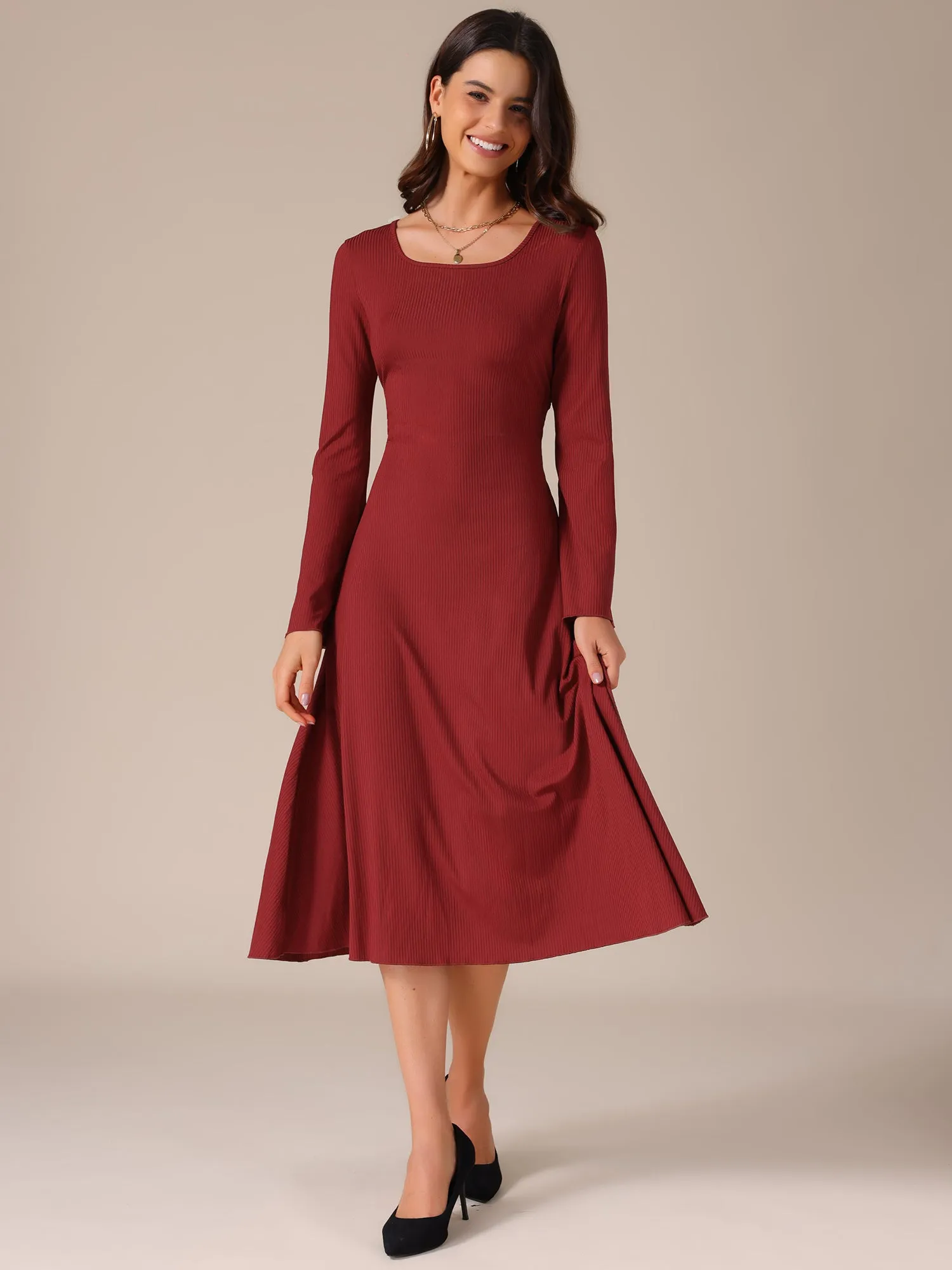 Square Neck Bell Long Sleeve Lace Up A-Line Dress sold by Allegra K product image thumbnail 5